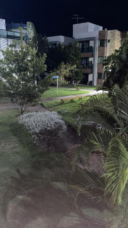 拉巴拉德纳圣米格尔Apartamento Iloa residence的一座公园,在一座建筑前有树木和白色花朵