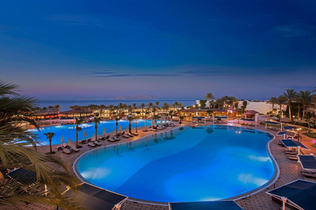 沙姆沙伊赫苏丹花园度假酒店的一个带椅子和棕榈树的大型游泳池