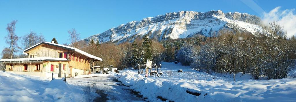 莱代塞尔Le Cocon de Plainpalais的一座建筑物前的雪覆盖的山