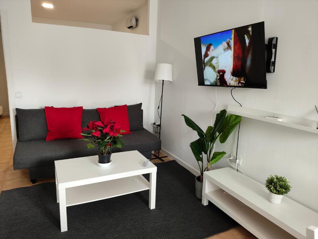 马德里San Centro Airport IFEMA Wizink Metropolitano Apartments的带沙发和红色枕头的客厅