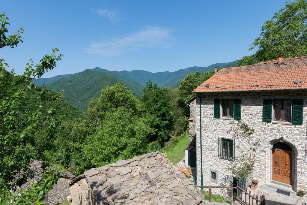 Ponte della VenturinaLa casa nel bosco-senza auto的山上一座红色屋顶的古老石头建筑
