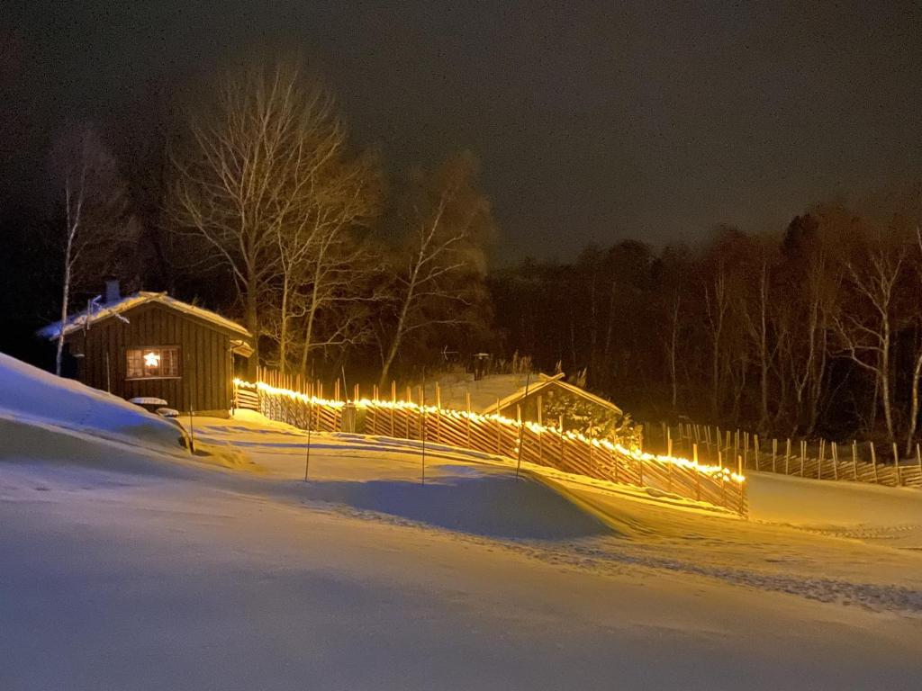RaulandRauland Hytteutleige的夜间在雪地上的栅栏