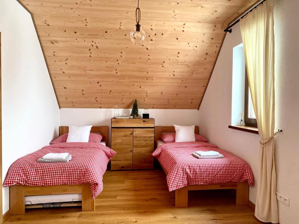 斯塔拉·里斯拉Chata pod horou的木天花板客房的两张单人床