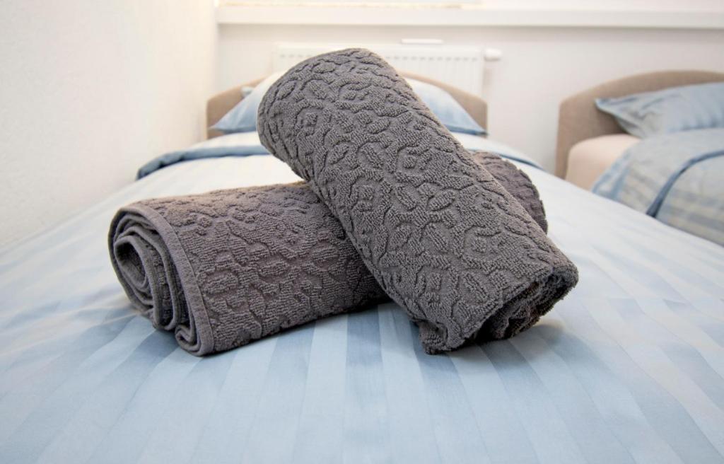 巴尼亚卢卡Apartmani Sebastijan的床上的一大堆毛巾