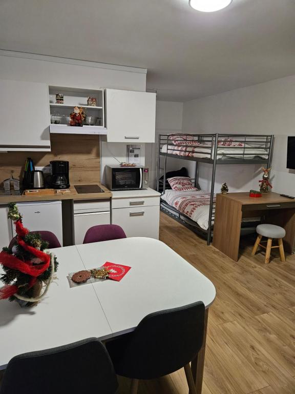 拉菲克拉Studio Le Tétras Résidence de tourisme的厨房以及带桌子和双层床的客厅。