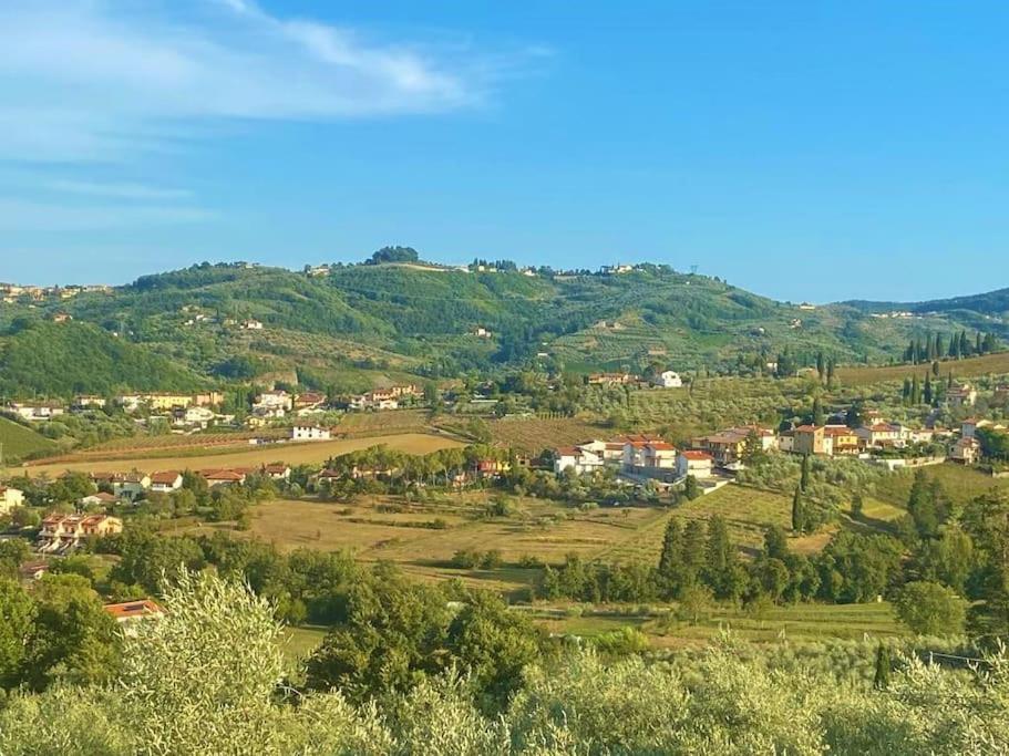 SeanoCasa tranquilla colonica toscana vicino a Firenze的山丘上的一个小镇,有房子和树木