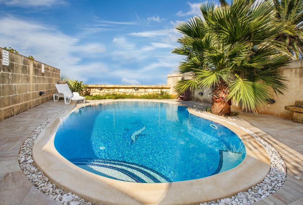 阿尔卜5 Bedroom Farmhouse with Private Pool & Views的棕榈树庭院中的游泳池