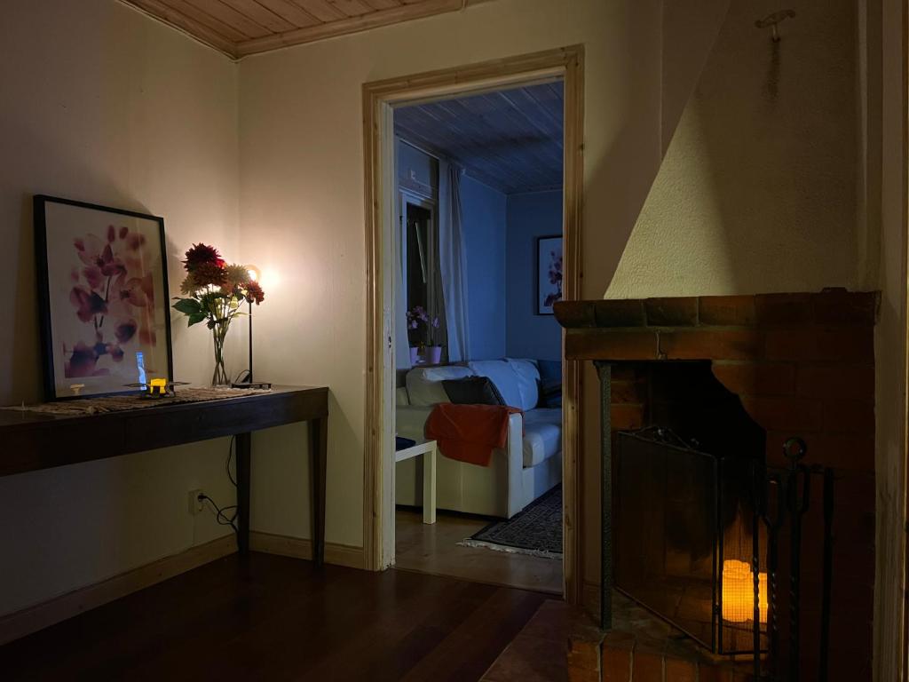 JärboLillhuset的带壁炉的客厅和卧室