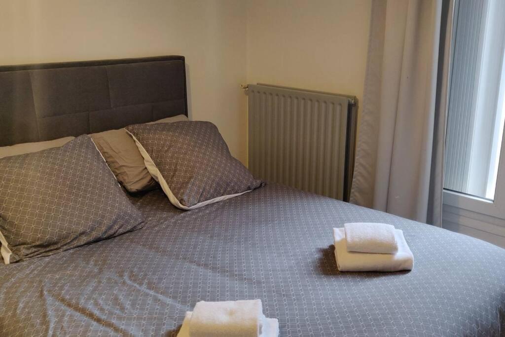 叙雷纳Cosy Appartement Paris Ouest的床上有两条毛巾