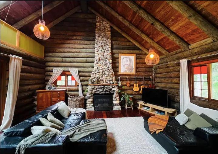 HikuaiCoromandel Secluded Log Cabin Retreat的带沙发和壁炉的客厅