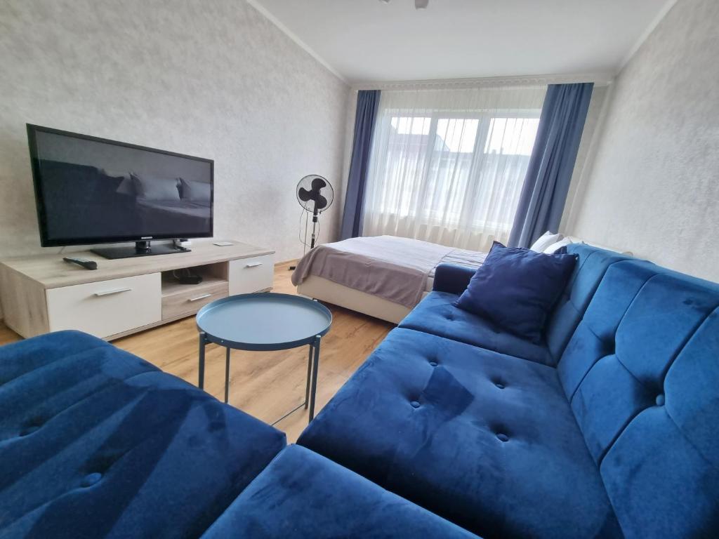里加Riga City 2 Bedroom Lux Apartments的客厅配有蓝色的沙发和电视