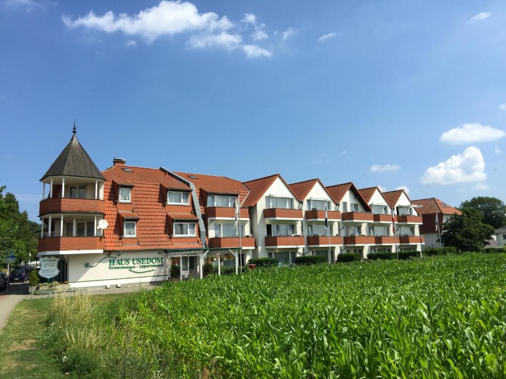 科尔平塞Aparthotel HAUS USEDOM的草场旁边的一排公寓楼