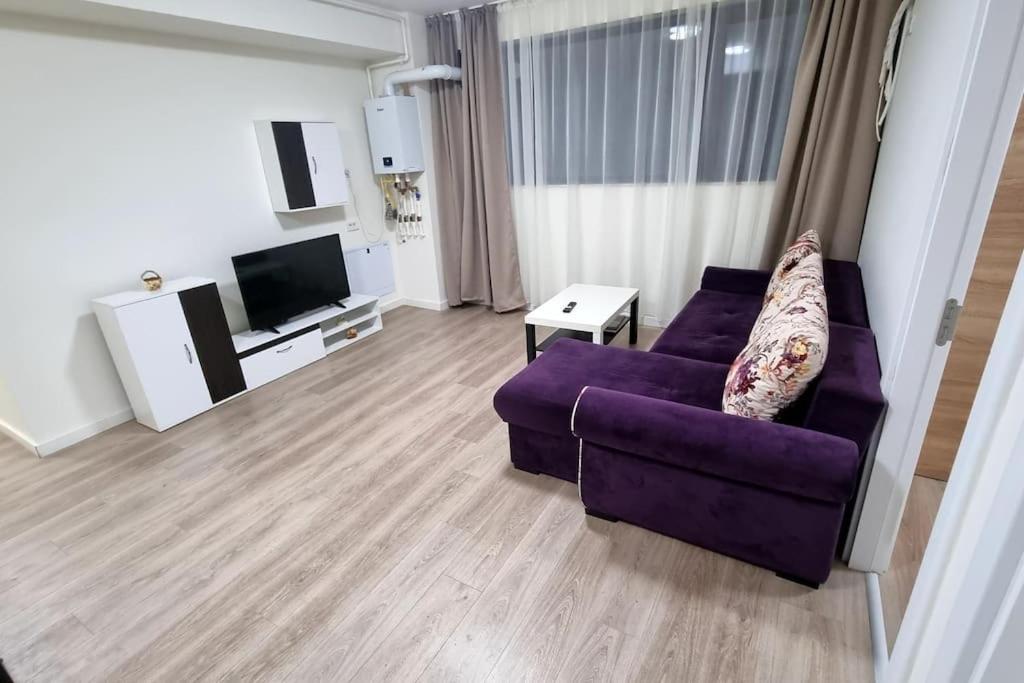 奥托佩尼Apartament CWA 3 Aeroport Otopeni的客厅配有紫色沙发和电视