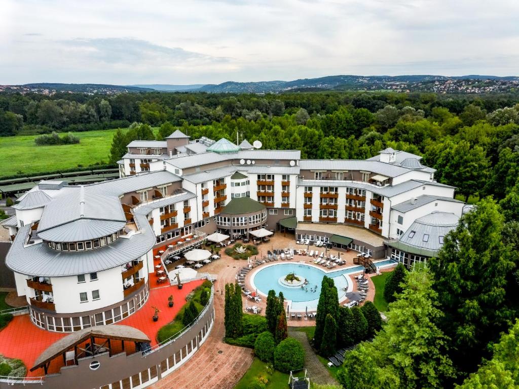 赫维兹莲花温泉酒店的享有带游泳池的度假建筑的空中景致