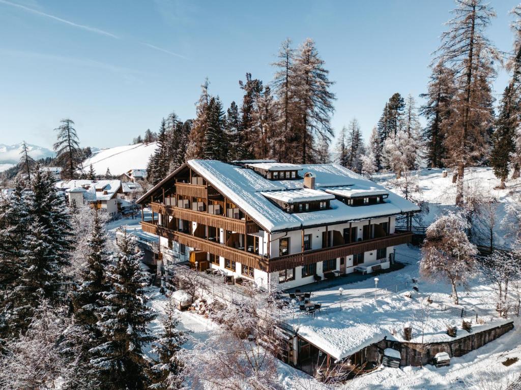 奥贝雷根Hotel Mont Floris Obereggen的雪中房屋的空中景观