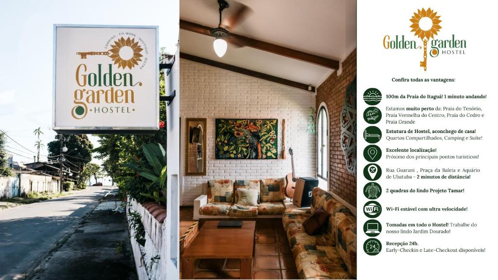 乌巴图巴Golden Garden Hostel的建筑物内花园的标志