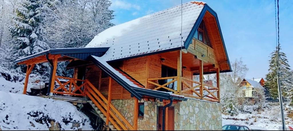 Sekulić Brvnara Tarska Zora的雪地小木屋,带屋顶