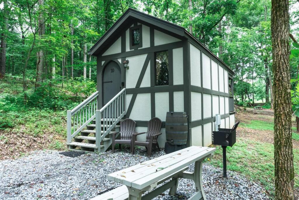 赛维尔维尔Tiny Home Cottage Near the Smokies #10 Helena的一个小棚子,配有两把椅子和一张长凳