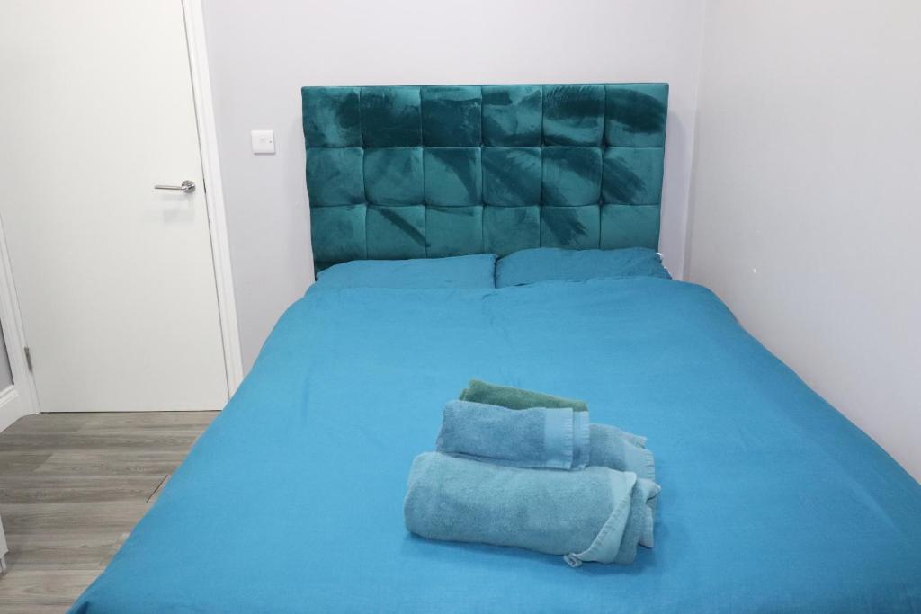 达特福德Ground Floor 1 Bed Flat Dartford- 1 - Fully Equipped - Fibre Wifi的一张蓝色的床,上面有两个枕头