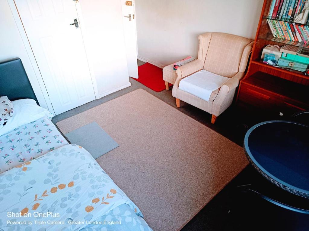 伦敦London's bed with breakfast的一间小卧室,配有一张床和一把椅子