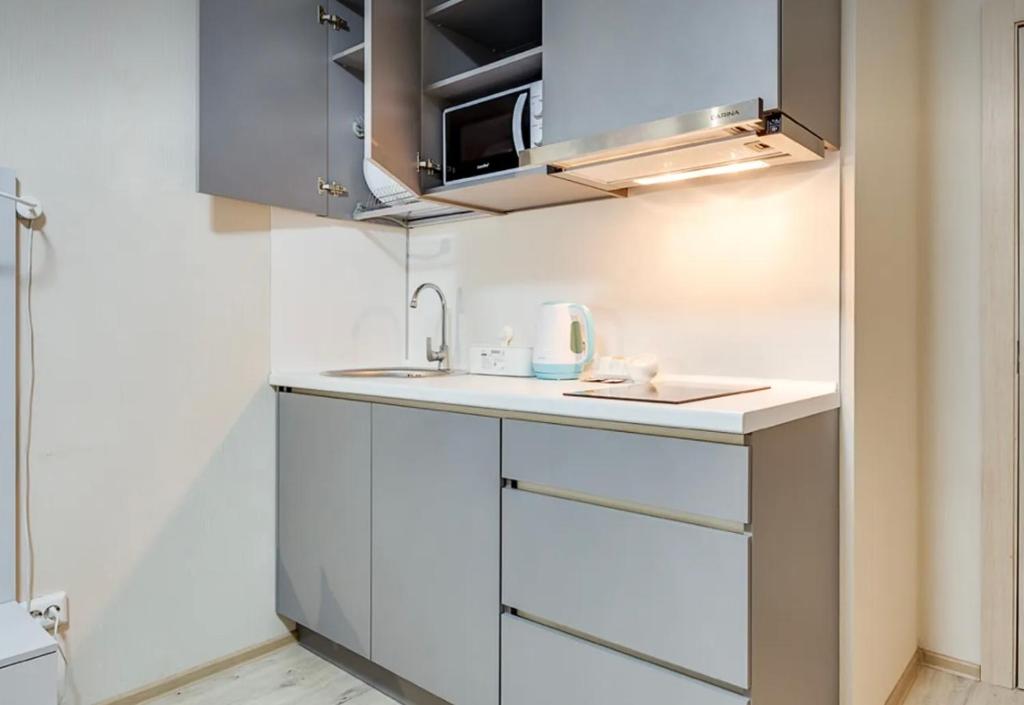 第比利斯VIP apart 662 Shervashidze tbz Gu的厨房配有白色橱柜和水槽
