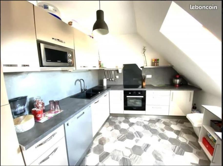 科尔马Appartement 2 chambres的厨房配有白色橱柜和水槽