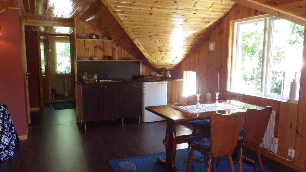 特勒布达佳斯特万宁哈斯托普民宿的小屋内的厨房和用餐室配有桌子