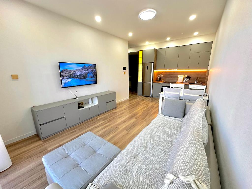 乌兰巴托Exclusive USA Embassy Proximity Apartments的客厅设有床铺和墙上的电视