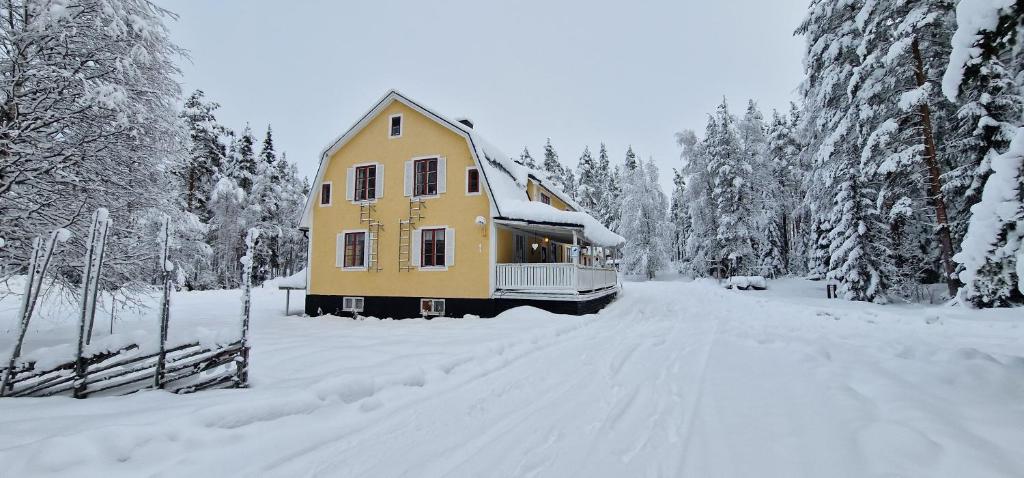 萨伦Horrmundsgården i Sälen的雪覆盖道路中间的黄色房子