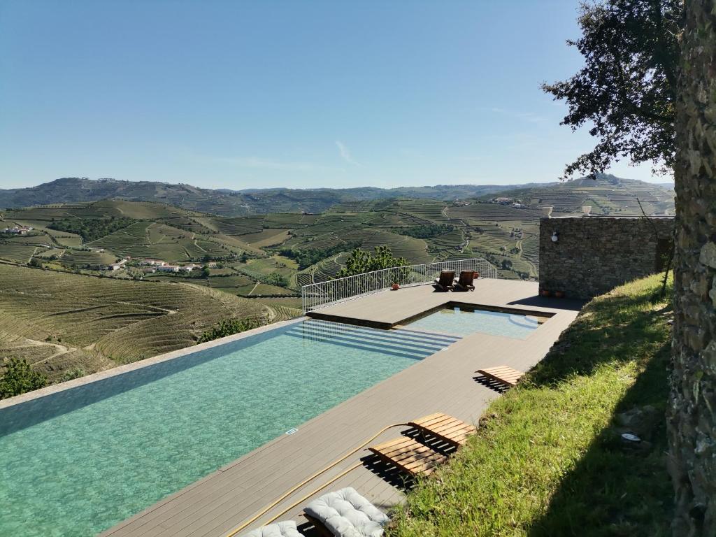 圣玛尔塔迪佩纳吉昂Quinta de Travassinhos- Douro Valley的享有山丘景致的游泳池