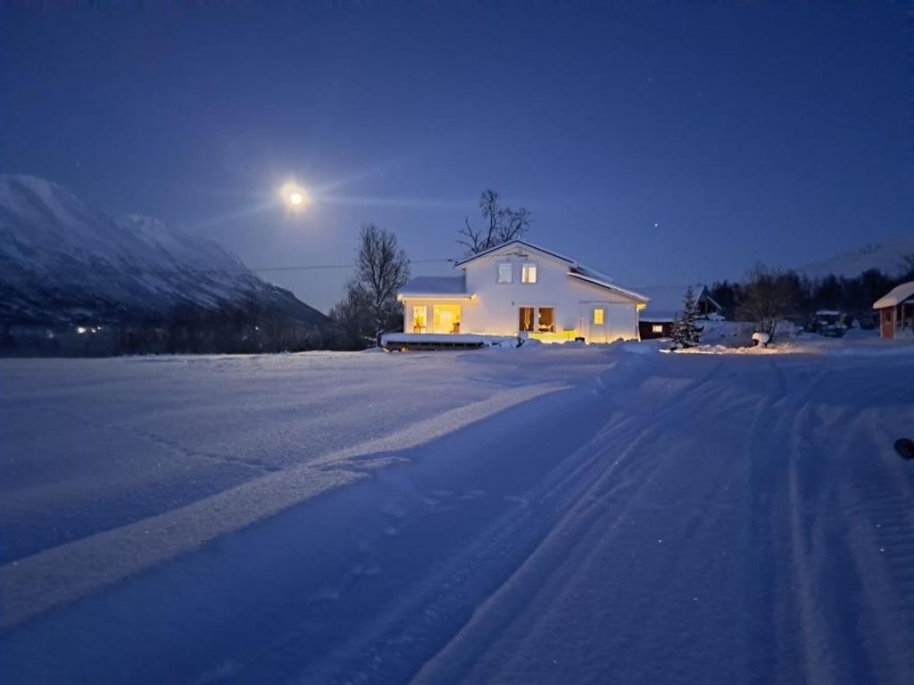 特罗姆瑟Mountainside Lodge - Breivikeidet的天空中月亮的雪地路上的房子