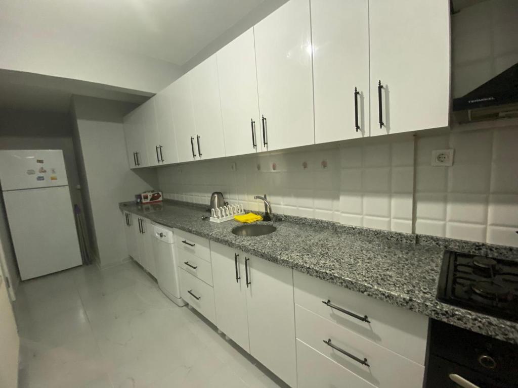 伊斯坦布尔12345的厨房配有白色橱柜和水槽