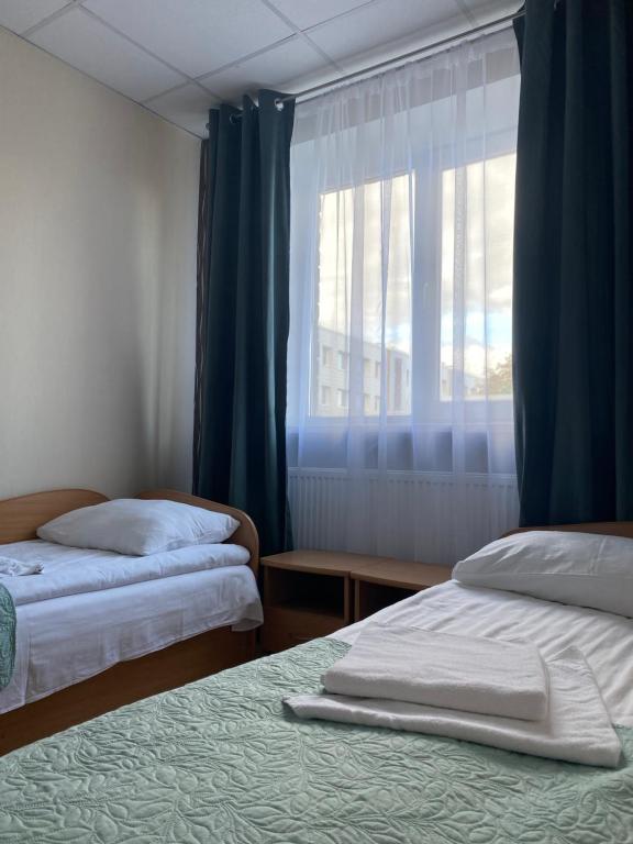 特尔希艾Telšių Hotel的一间卧室设有两张床,窗户配有蓝色窗帘