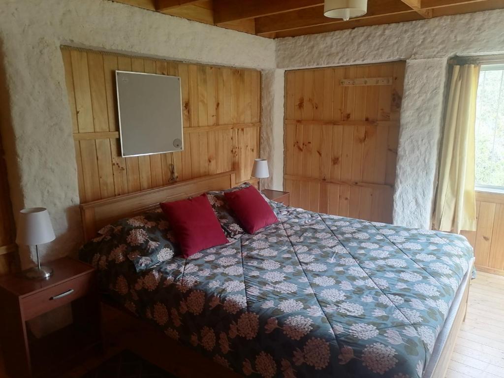 黑岛El Refugio de la Estancia的一间卧室配有一张带两个红色枕头的床