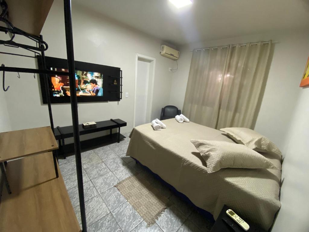 伊瓜苏Espaço confortável no centro da cidade的一间卧室配有一张床和一台平面电视