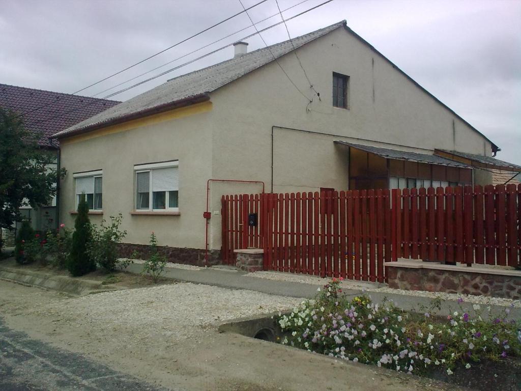 海吉克Bodzavirág Vendégház的前面有红墙的房子