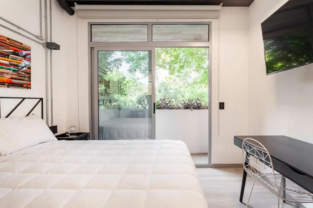 墨西哥城Mariano Escobedo 48的卧室设有一张白色大床和一扇窗户。