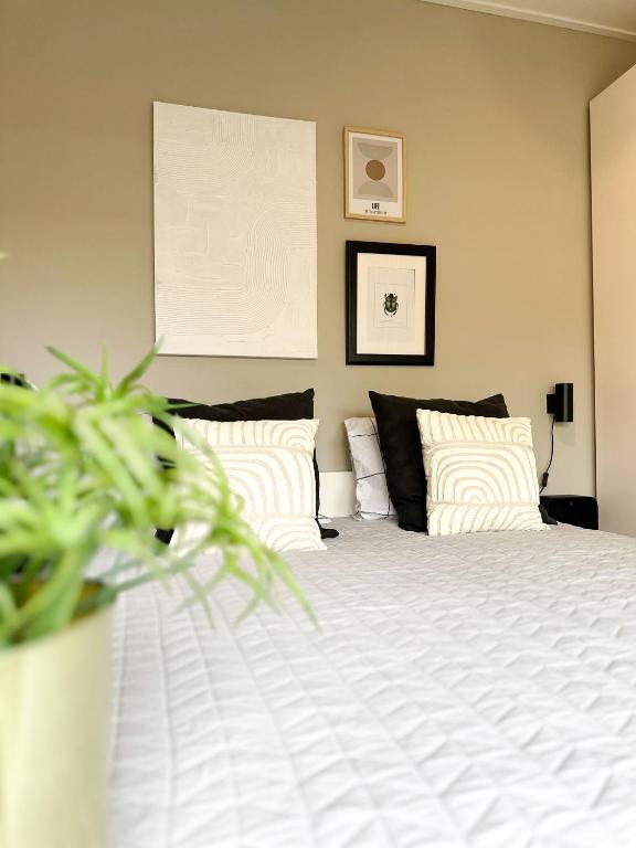 斯内克Bed & Breakfast Waterpoort - incl licht ontbijt的一间卧室配有带白色床单和枕头的床。