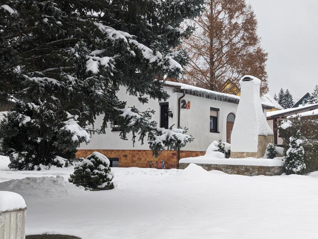JahnsdorfFerienhaus Waldblick im Erzgebirge的院子前的雪覆盖的房子