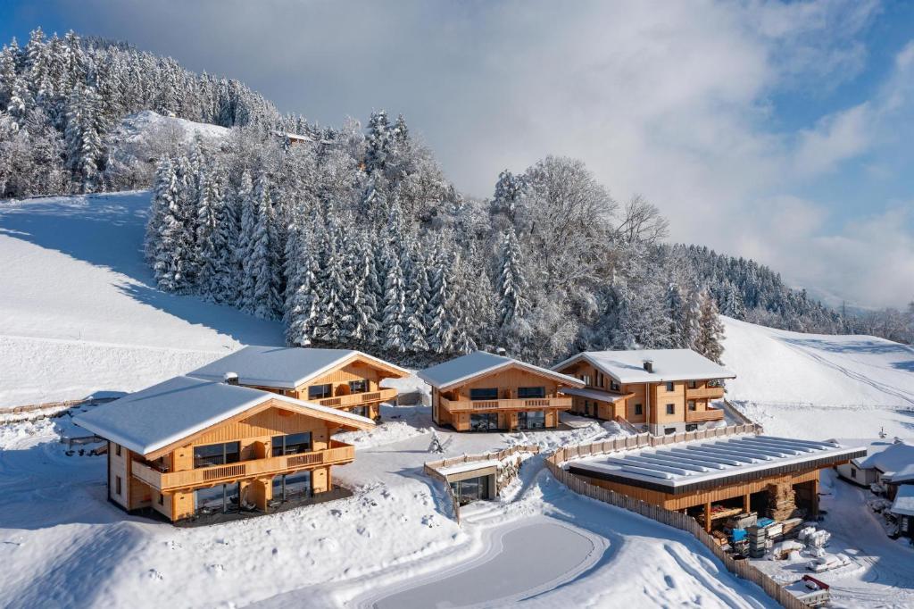 伊特尔Alpenchalets Oberlaiming的雪地小屋,有雪覆盖的树木
