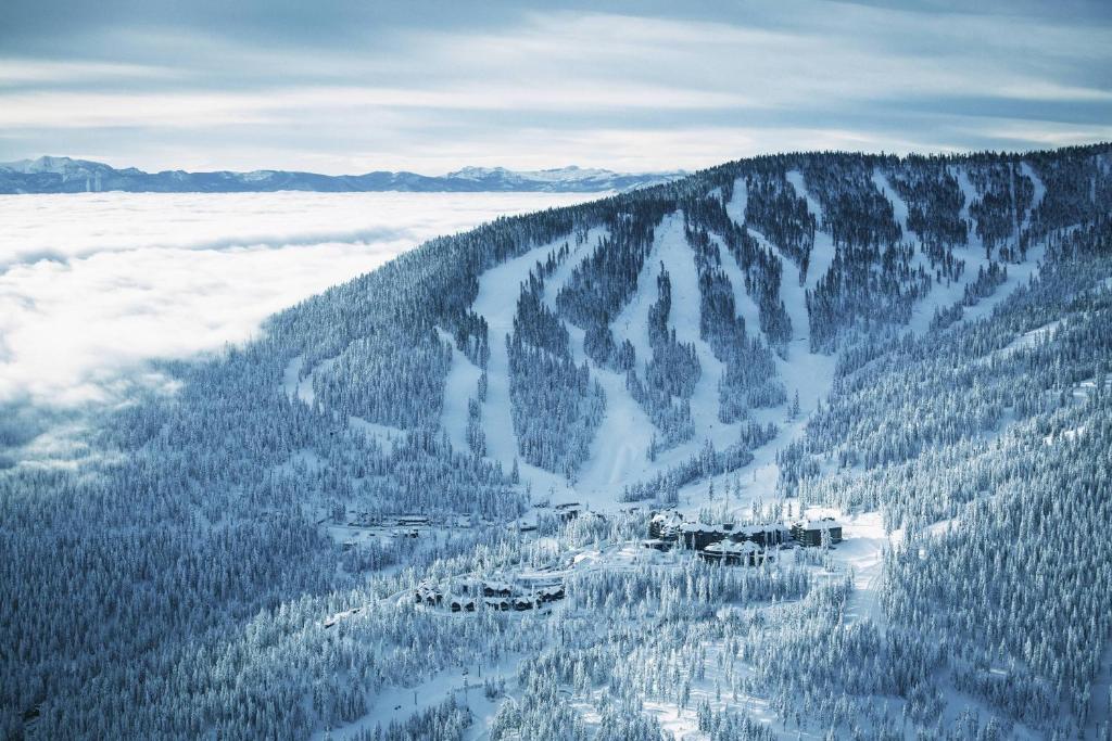 特拉基太浩湖丽思卡尔顿酒店的享有高山的空中景色,山中被雪和树木覆盖