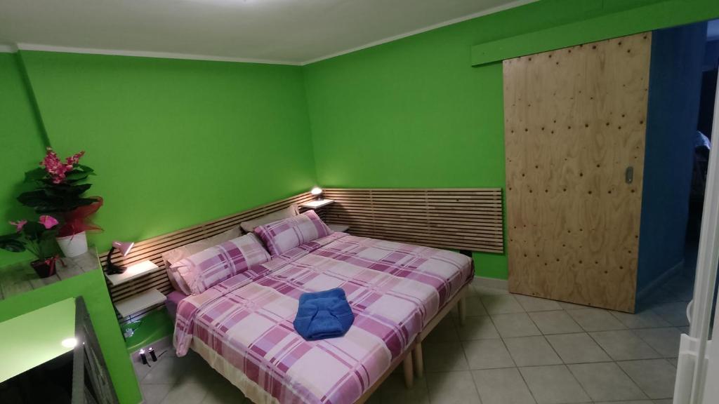 伊塞尔尼亚LaFuntanella45 Casa Vacanze的一间卧室配有一张粉红色和绿色的墙壁。