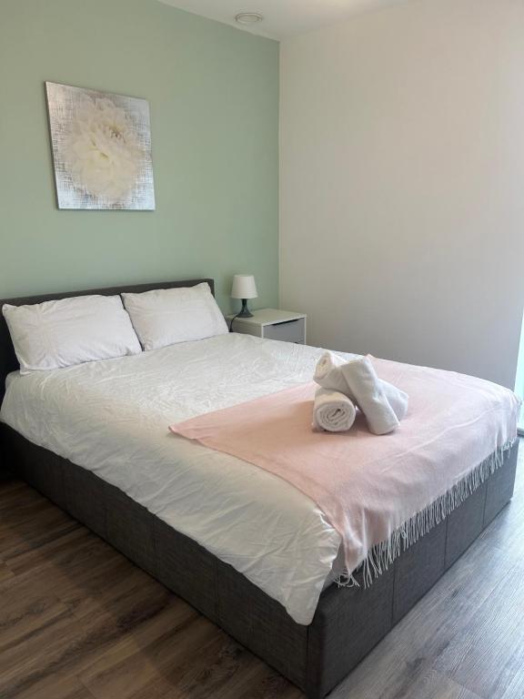 曼彻斯特Lovely Entire Flat in Manchester的一间卧室配有一张床,上面有两条毛巾