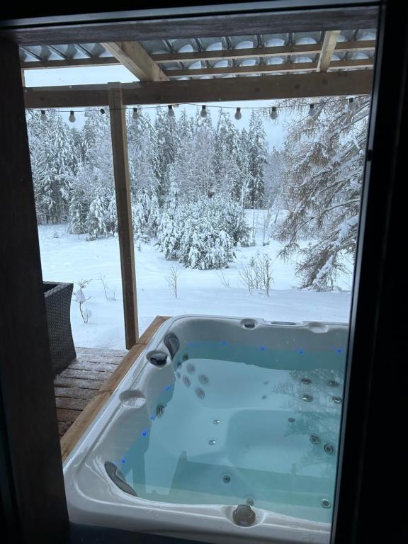 Tammemäe Spa Lodge的一个带按摩浴缸的房间,有雪盖的院子