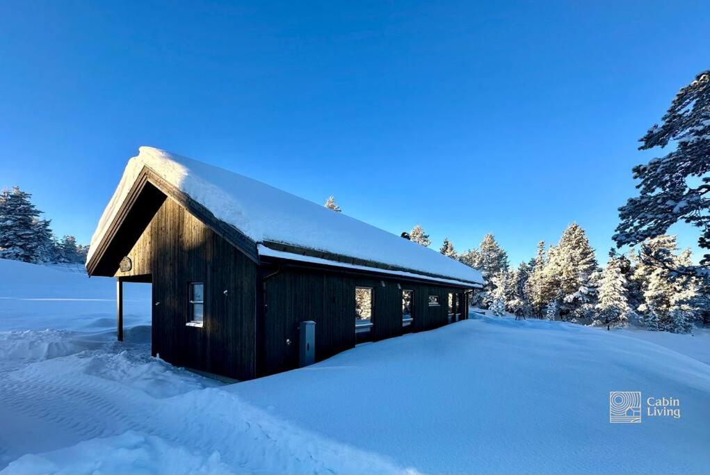 FlesbergNew cabin near X Country ski trails at Blefjell with Jacuzzi的雪地覆盖的木制谷仓