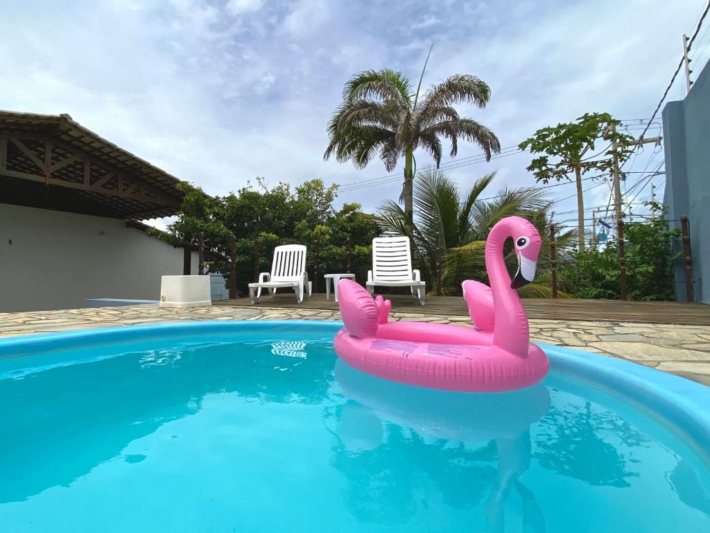 阿拉卡茹Exclusiva Casa na Melhor Praia de Aracaju的游泳池里漂浮着粉红色的火烈鸟
