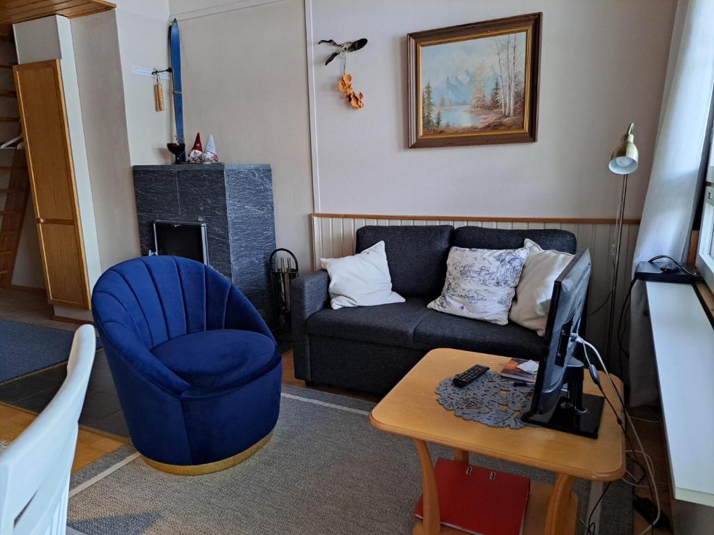 塔库沃里Rivitalon huoneisto Tahkolla的带沙发和蓝椅的客厅