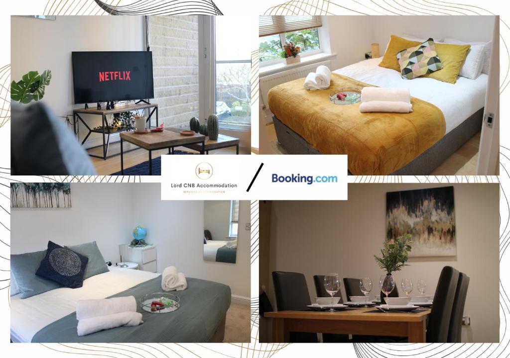 WalklyNorthfield Luxury Apartment的一张床位和一台电视机的房间的照片拼凑而成