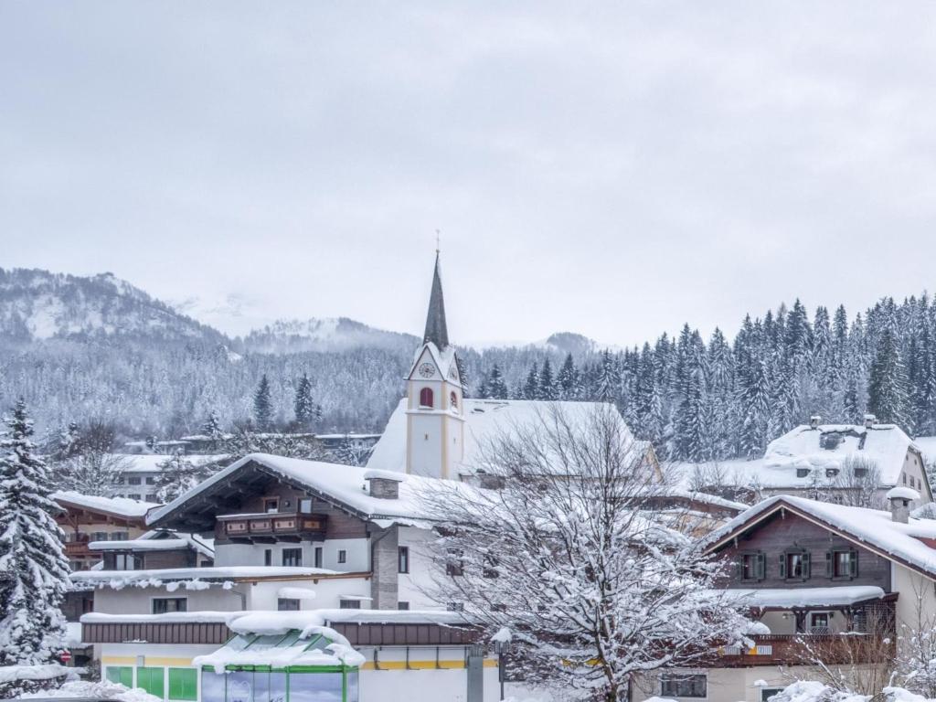 菲伯布伦Chalet Hornblick的一座小城镇,下雪时有教堂