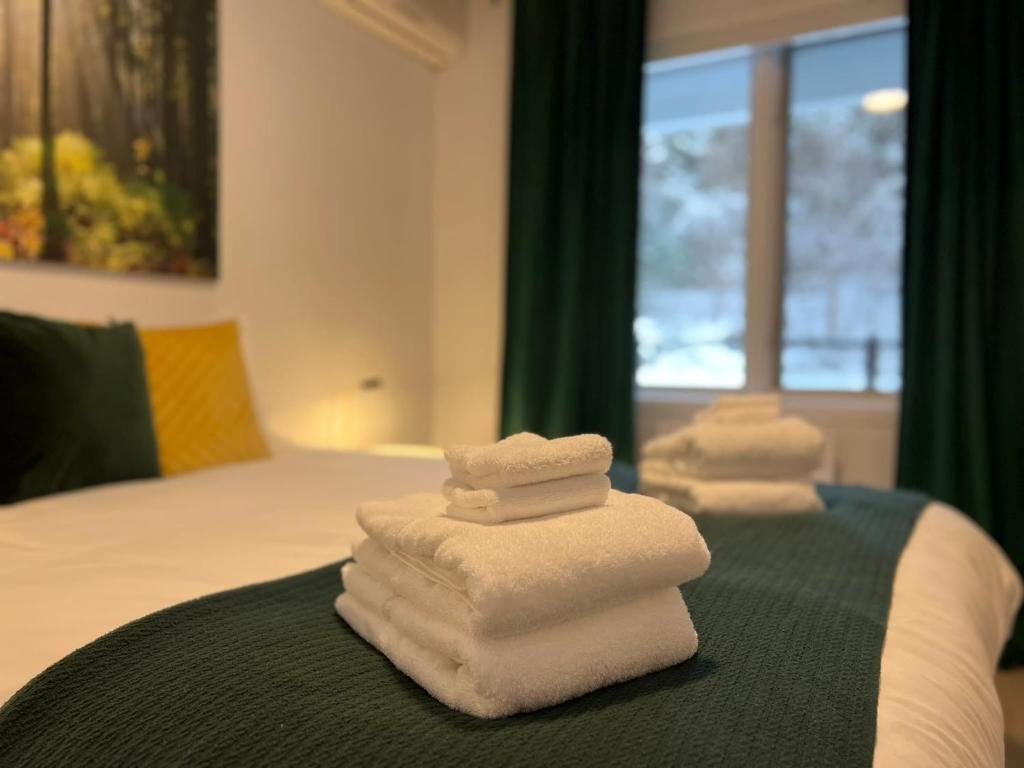 梅戈格Suite 205 - Destination Mont-Orford的三叠毛巾坐在床上